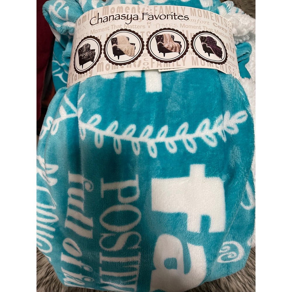 Teal White Plush Sherpa Cozy Fleece Throw HOPE makes all things WORK 50" x 65"